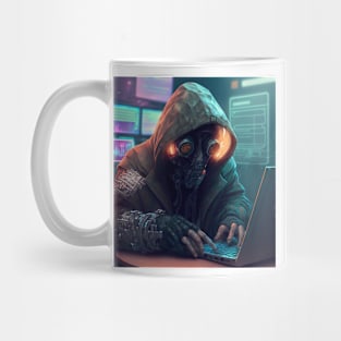 Future hacker in cafe wall art Mug